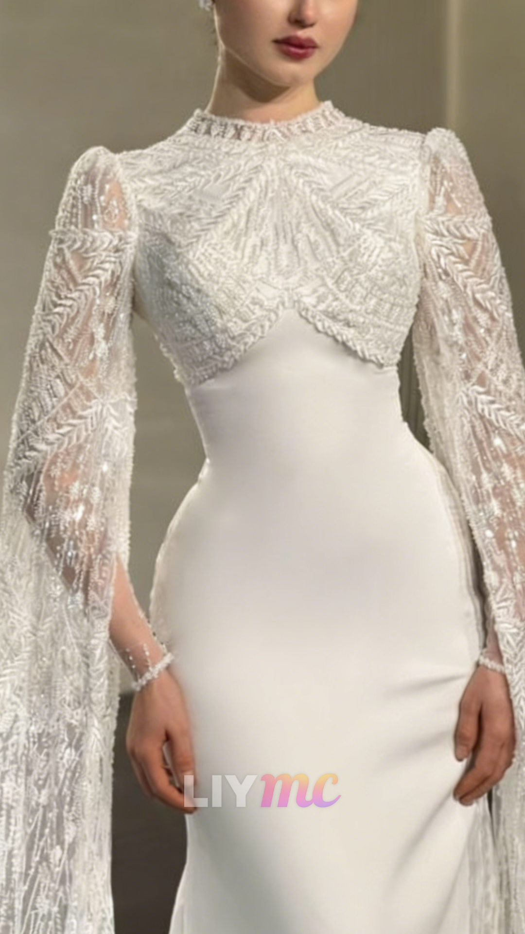 High Neck Long Sleeves Beaded Embroidery Mermaid Wedding Dress