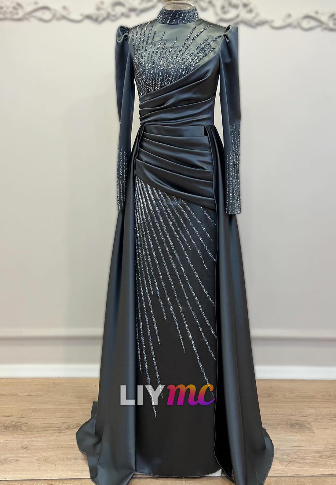 High Neck Long Sleeves Beaded Embroidery Sheath Evening Dress