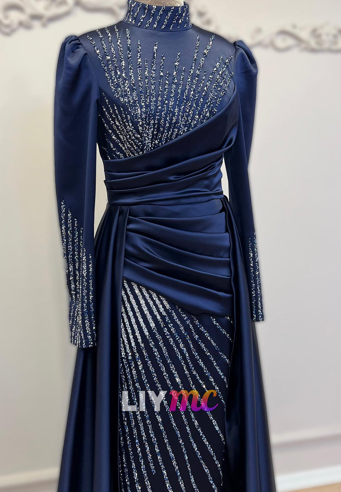 High Neck Long Sleeves Beaded Embroidery Sheath Evening Dress