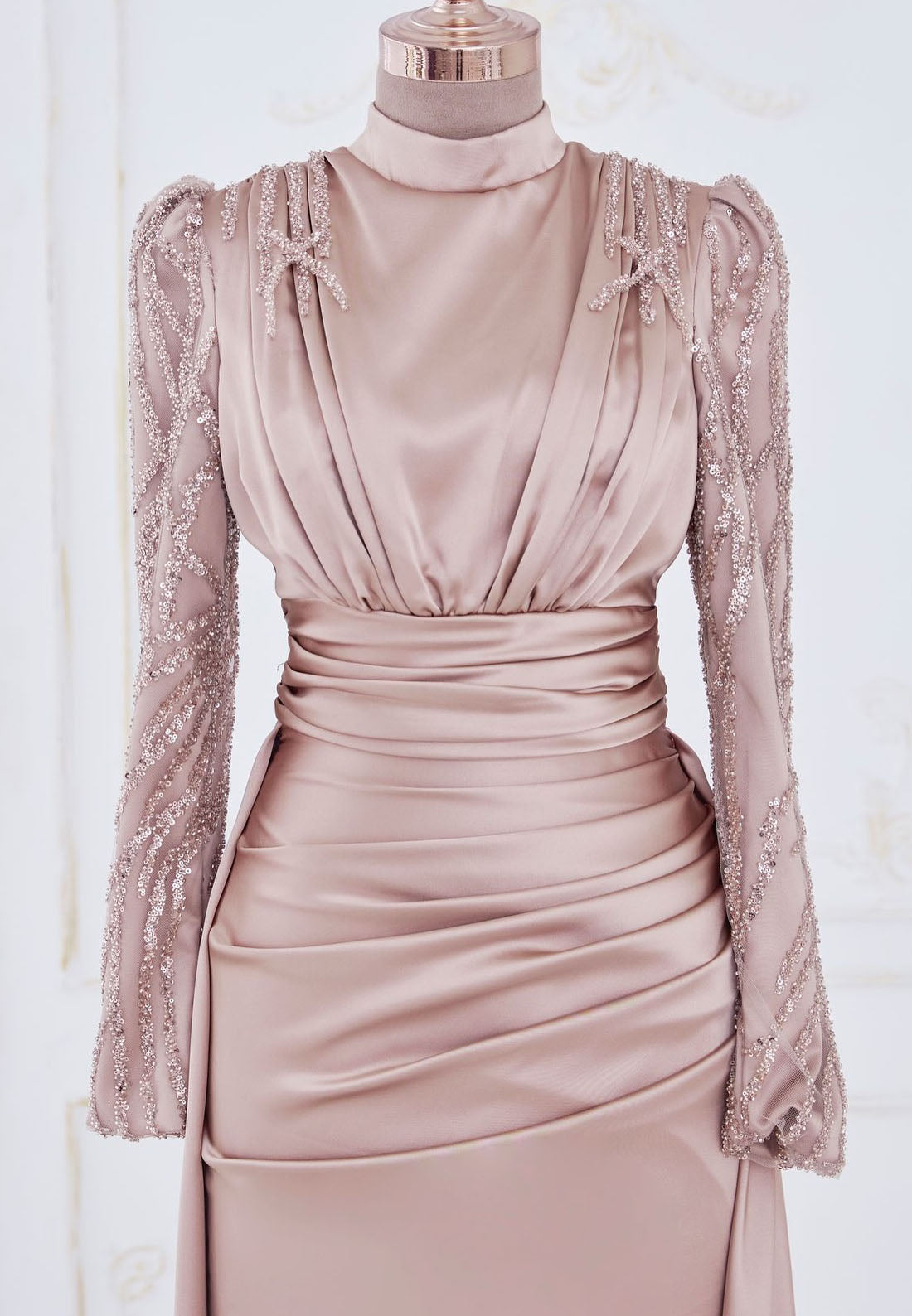 High Neck Long Sleeves Beaded Formal Dress Pleated Sheath Mother of Bride Dress