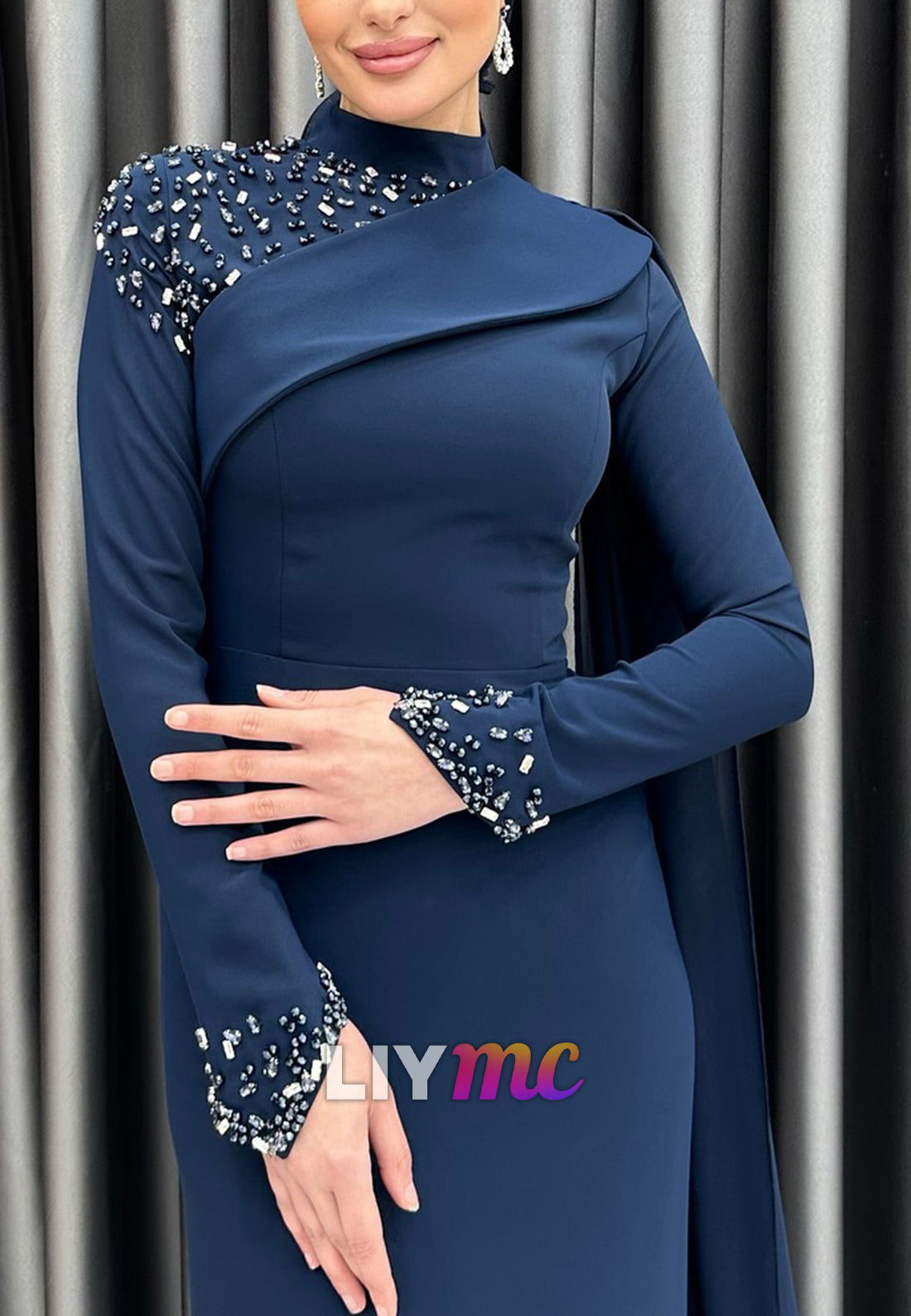 High Neck Long Sleeves Beaded Mermaid Evening Dress