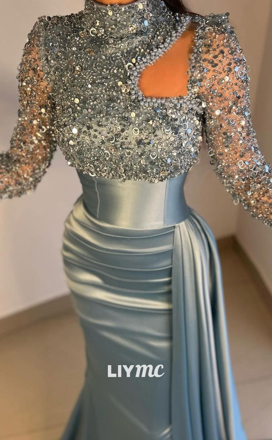 LP2039 - High Neck Long Sleeves Beaded Pleated Sleek Satin Prom Dress