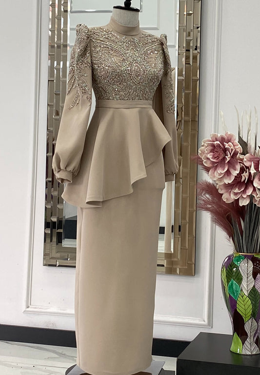 High Neck Long Sleeves Beaded Ruffled Sheath Mother of Bride Dress