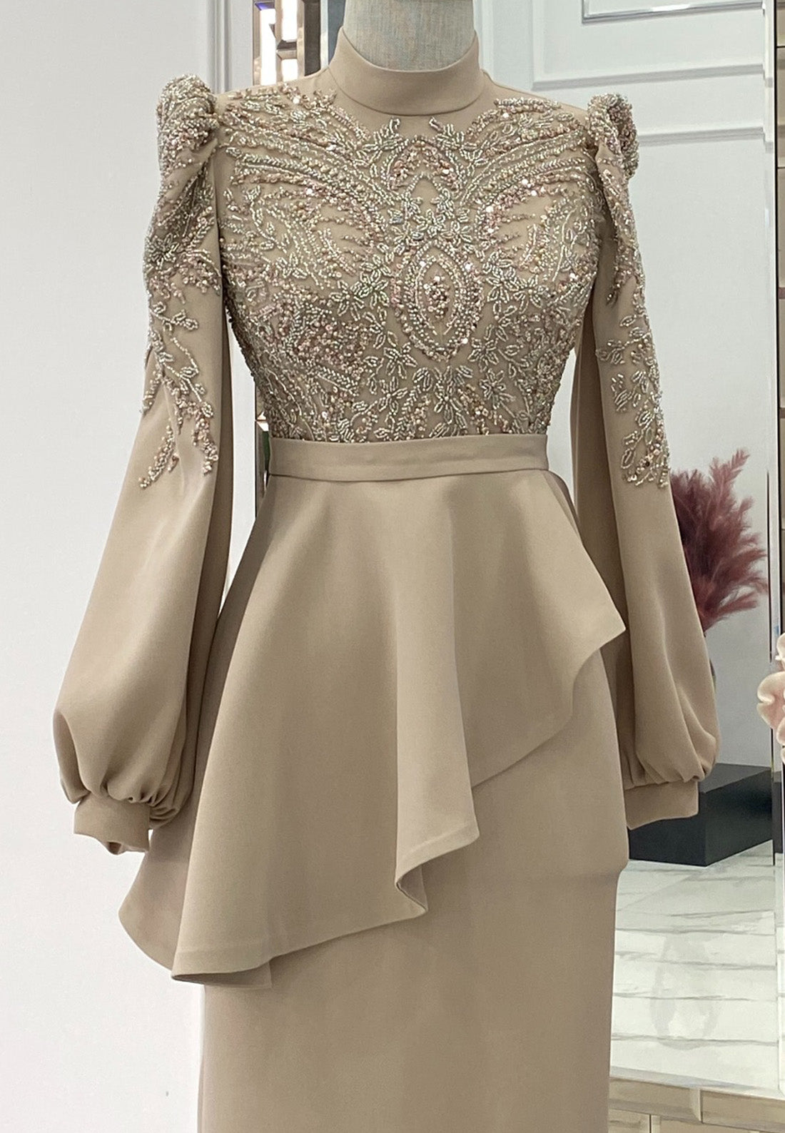 High Neck Long Sleeves Beaded Ruffled Sheath Mother of Bride Dress