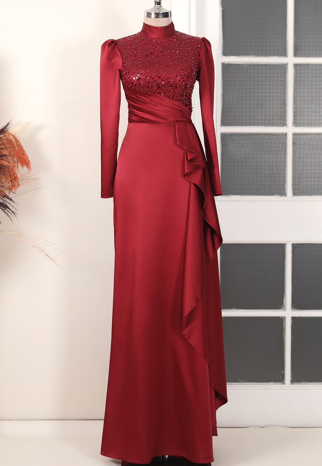 High Neck Long Sleeves Beaded Ruffled Sleek A-Line Evening Dress