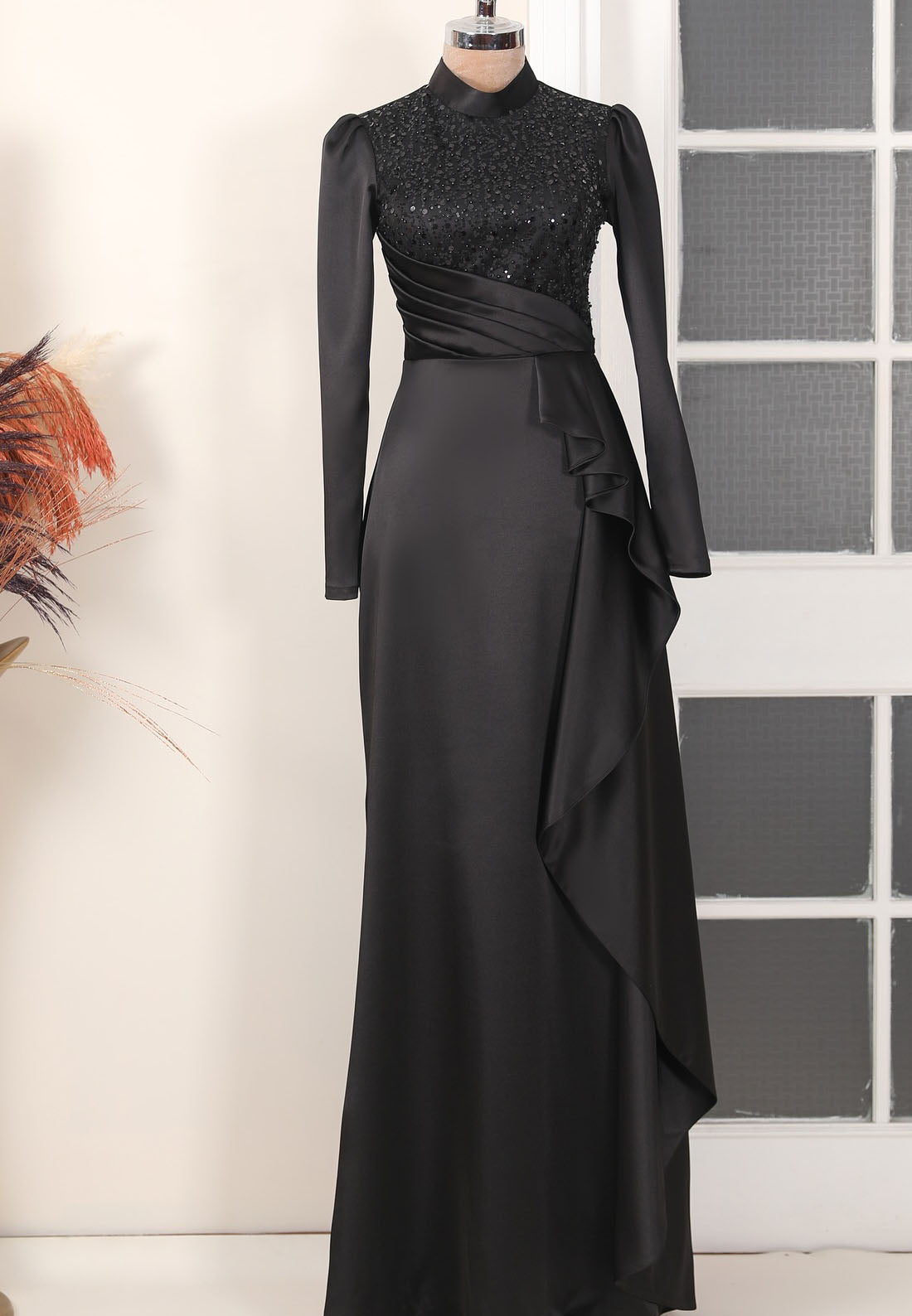 High Neck Long Sleeves Beaded Ruffled Sleek A-Line Evening Dress