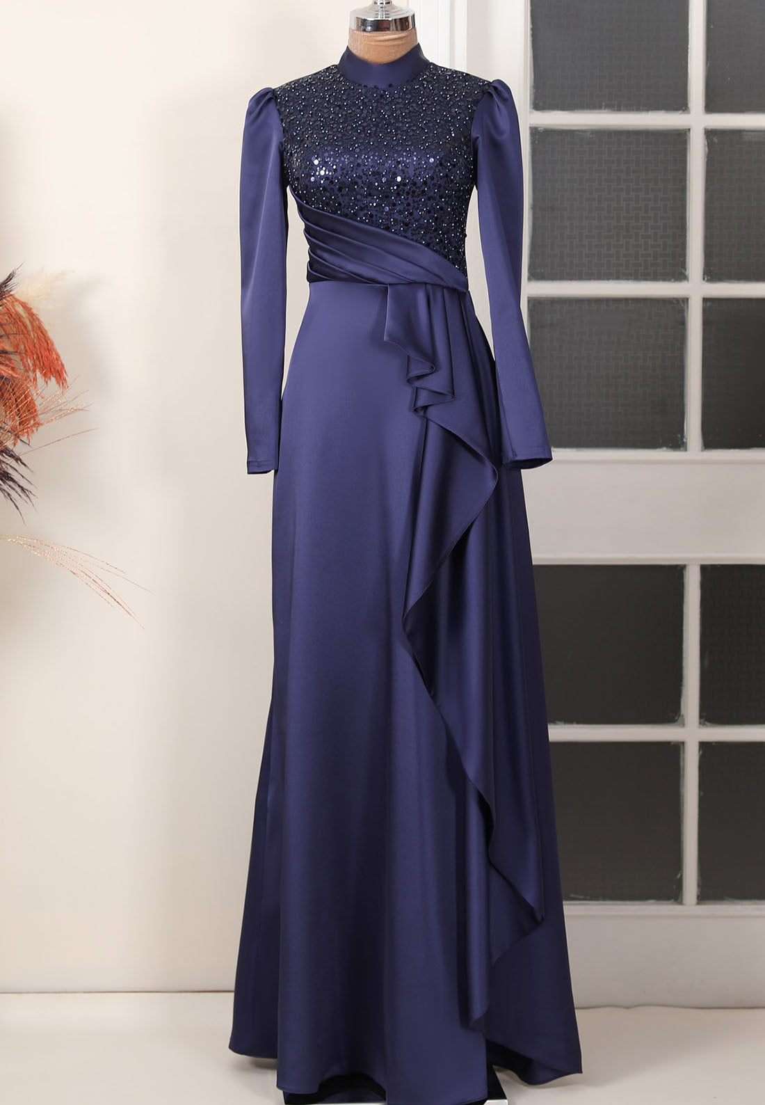 High Neck Long Sleeves Beaded Ruffled Sleek A-Line Evening Dress