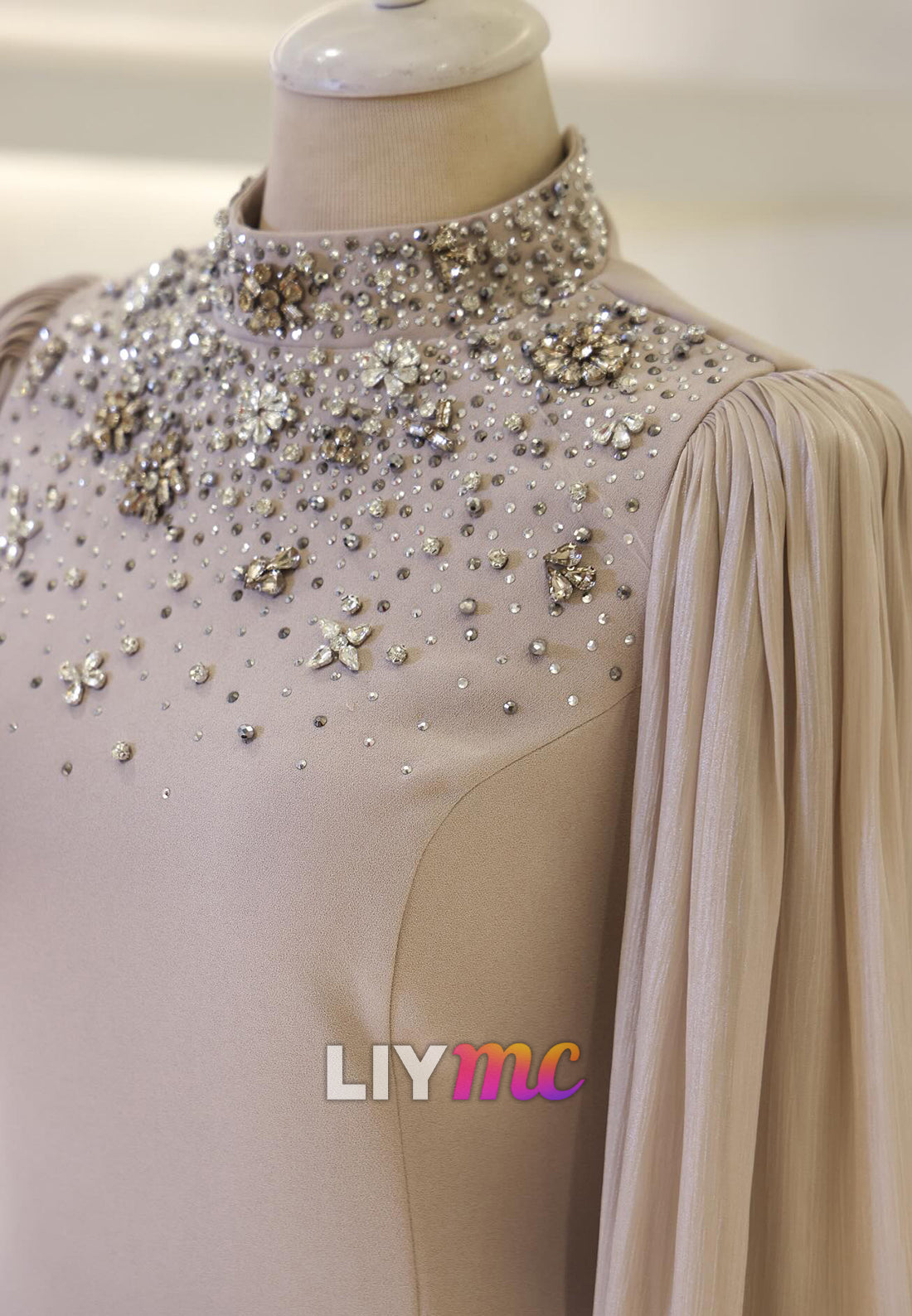 High Neck Long Sleeves Beaded Sheath Evening Dress