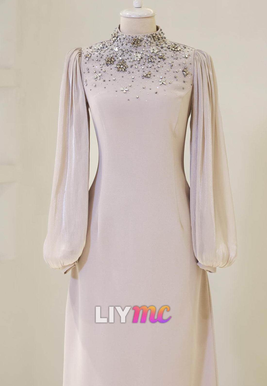 High Neck Long Sleeves Beaded Sheath Evening Dress