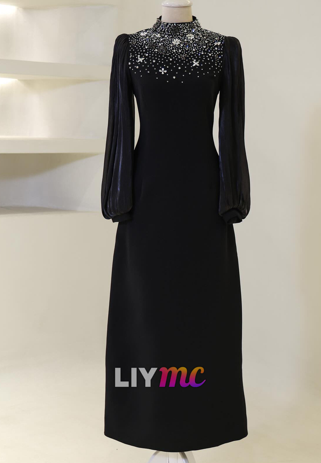 High Neck Long Sleeves Beaded Sheath Evening Dress