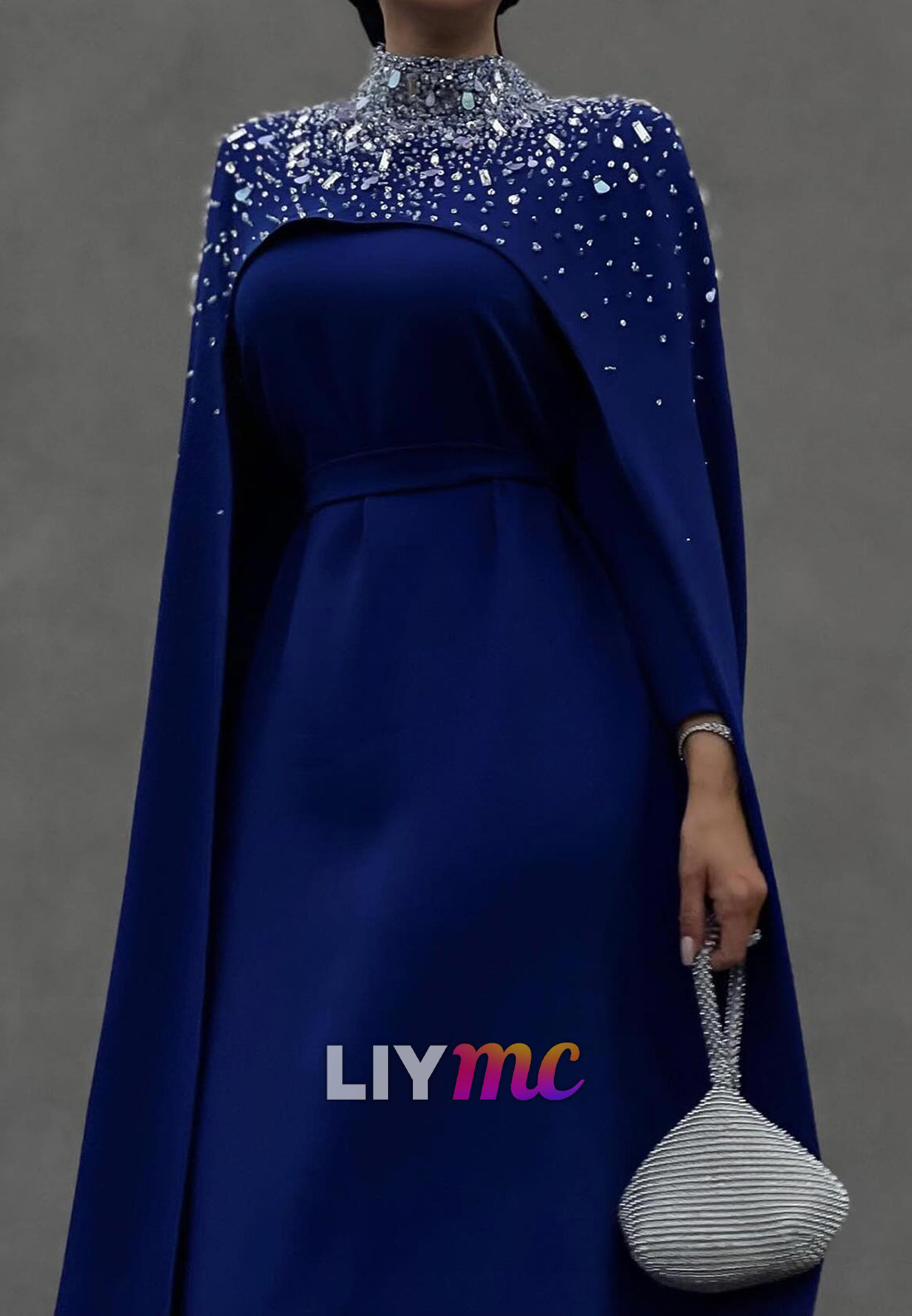 High Neck Long Sleeves Beaded Sheeath Royal Blue Evening Dress
