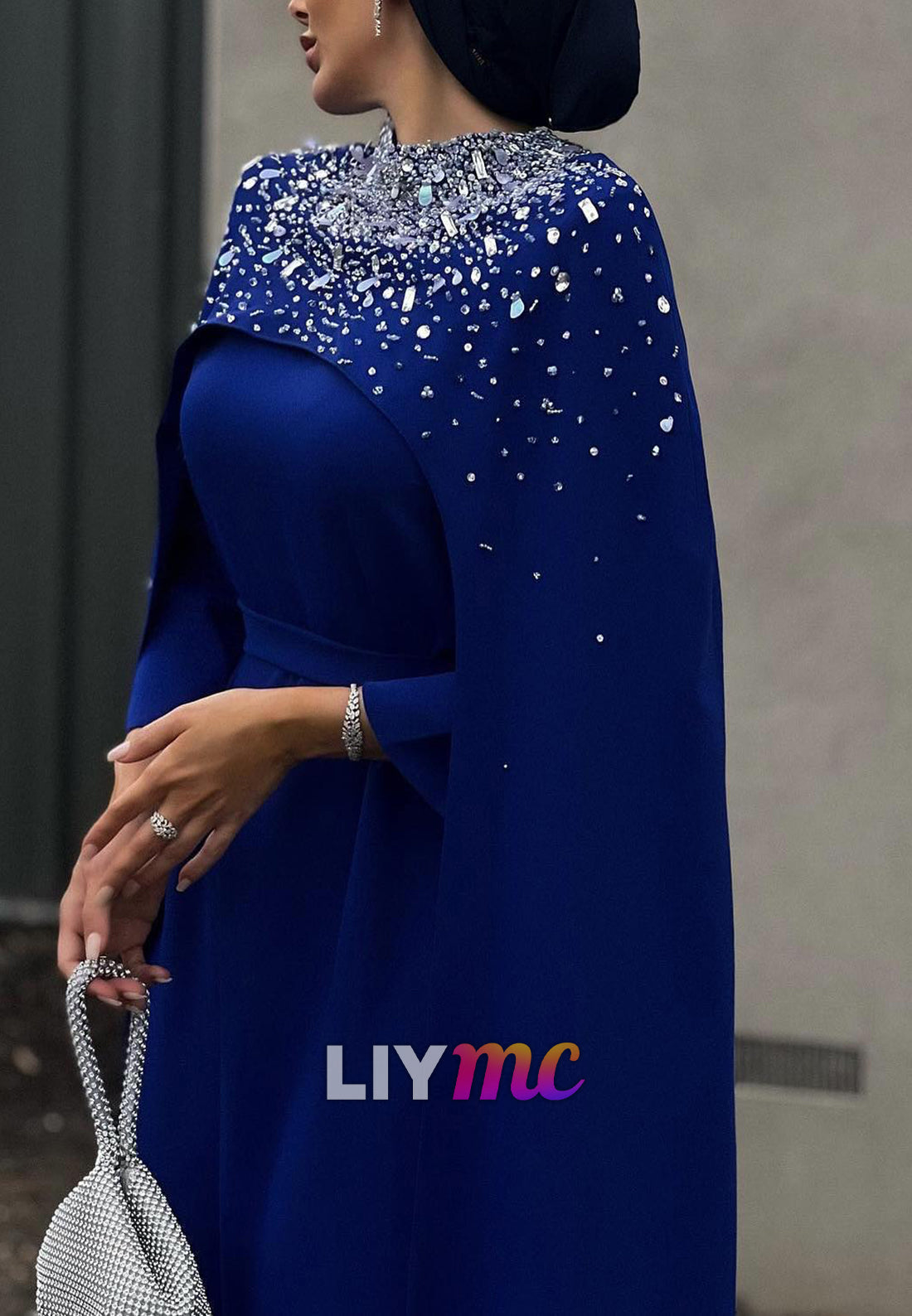 High Neck Long Sleeves Beaded Sheeath Royal Blue Evening Dress