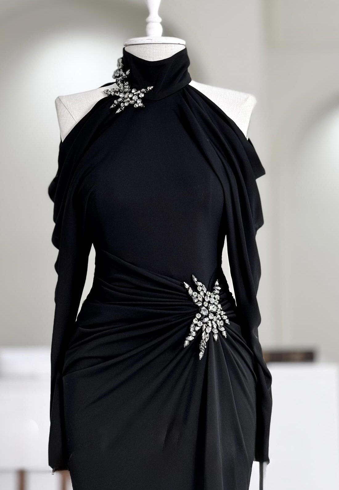 High Neck Long Sleeves Beaded Side Slit Mermaid Evening Dress