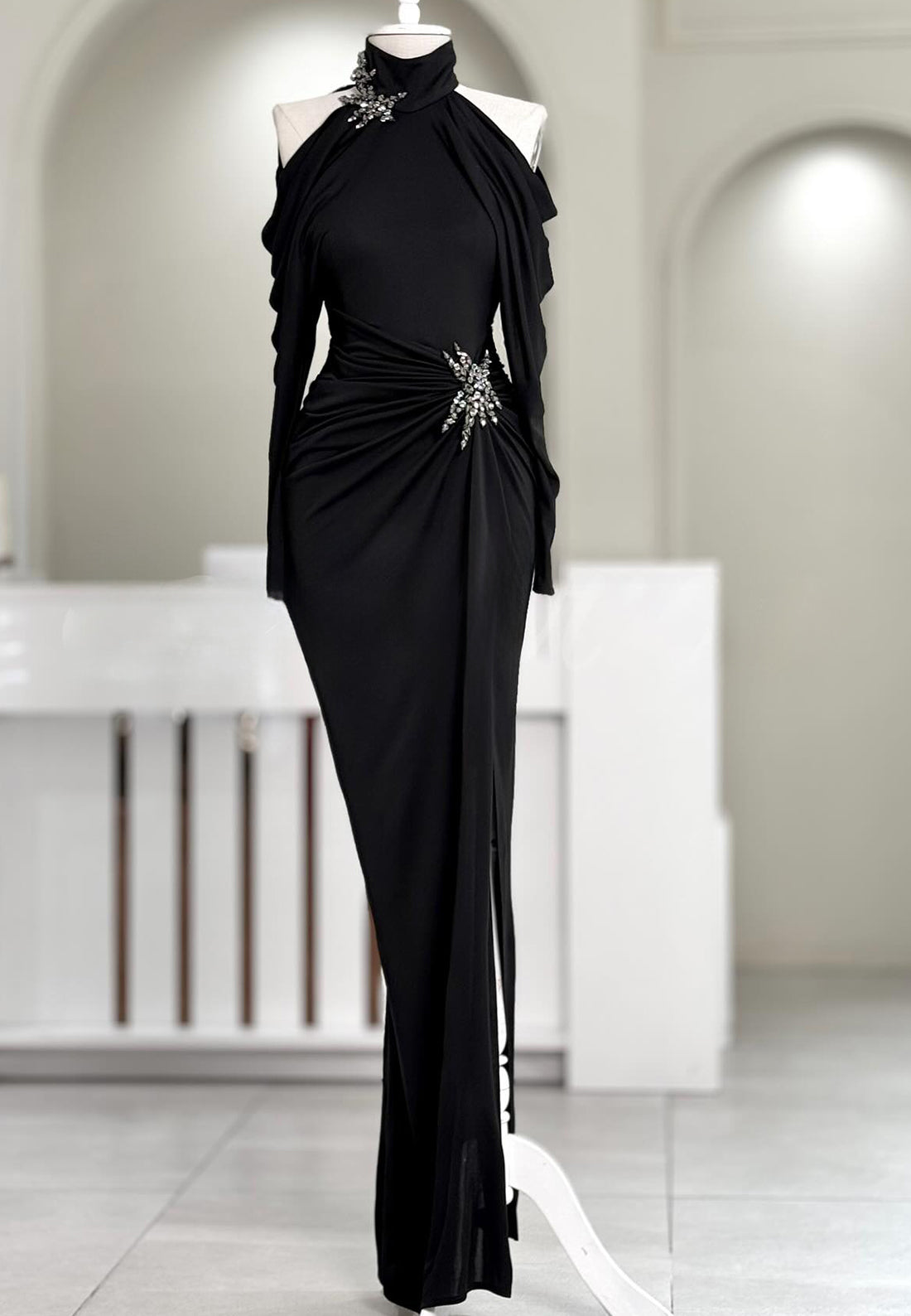 High Neck Long Sleeves Beaded Side Slit Mermaid Evening Dress