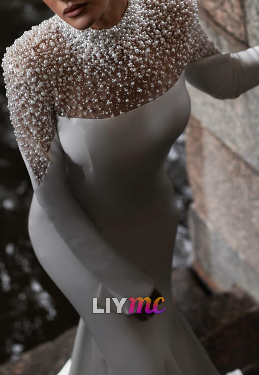 High Neck Long Sleeves Beaded Sleek Mermaid Wedding Dress