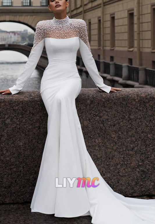 High Neck Long Sleeves Beaded Sleek Mermaid Wedding Dress