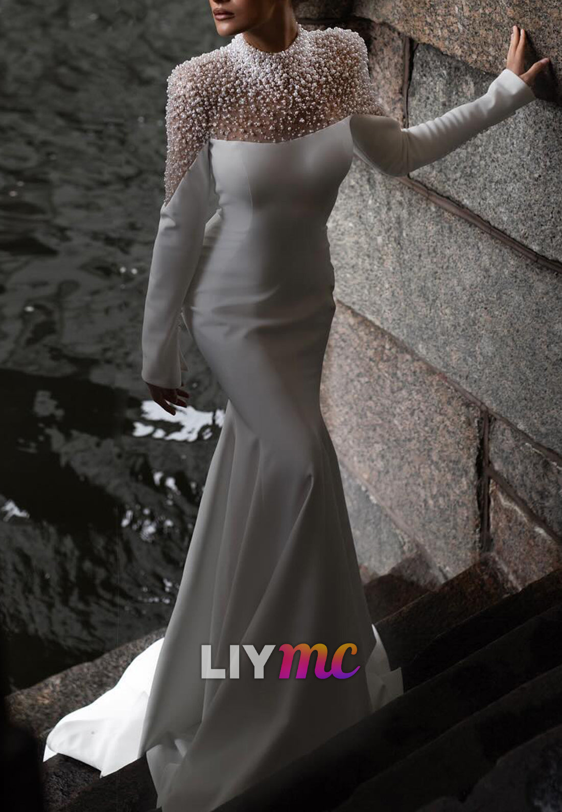 High Neck Long Sleeves Beaded Sleek Mermaid Wedding Dress