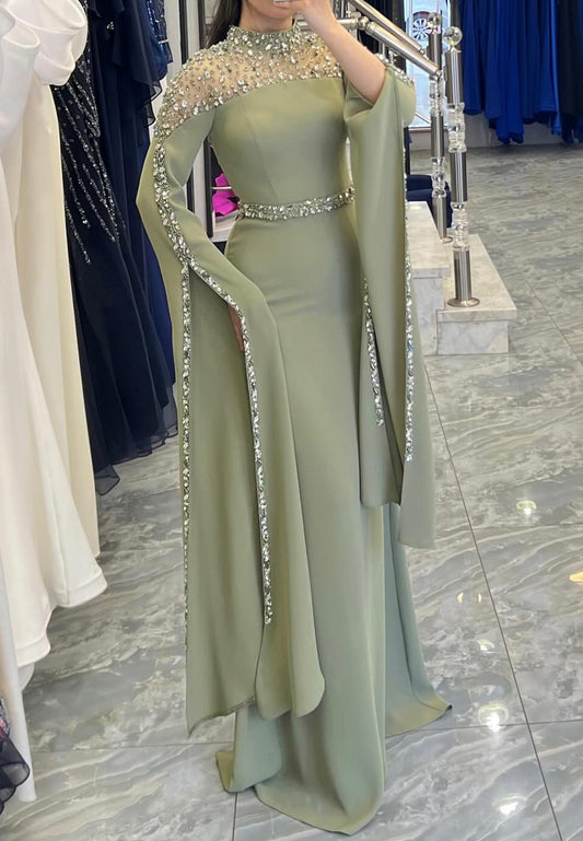 High Neck Long Sleeves Beaded Sleek Sheath Formal Dress