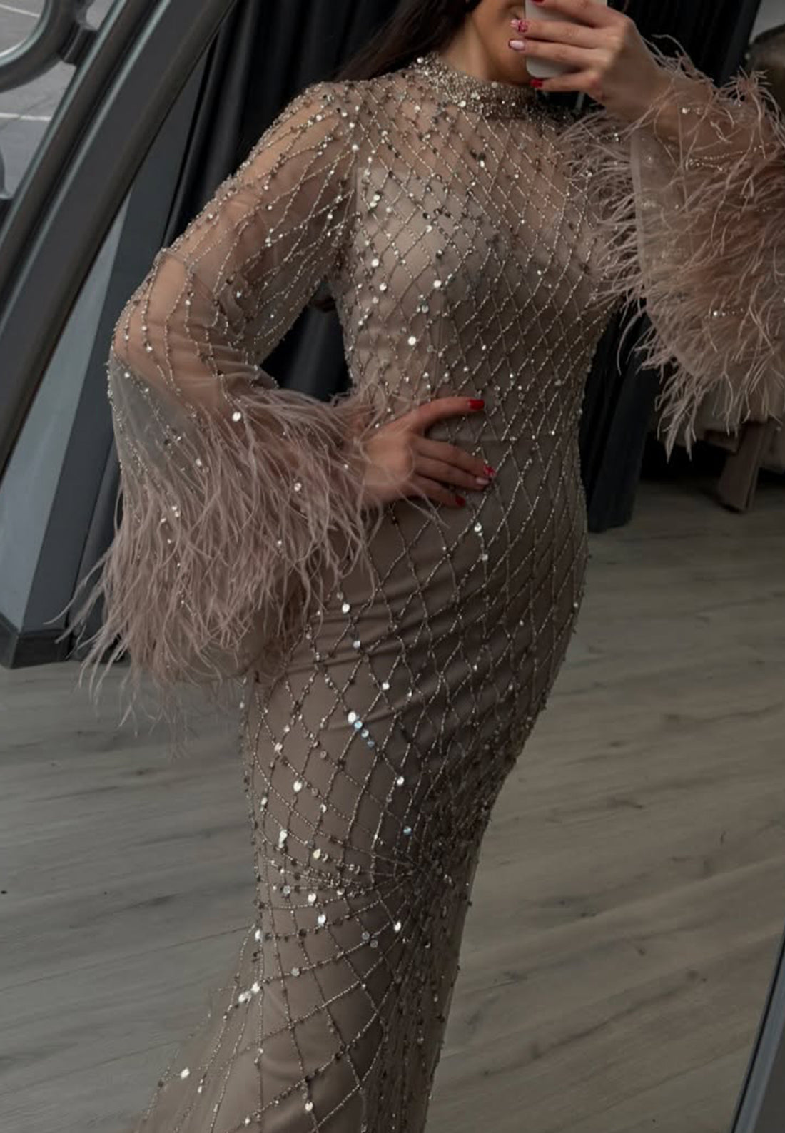 High Neck Long Sleeves Feathered Beaded Mermaid Evening Dress