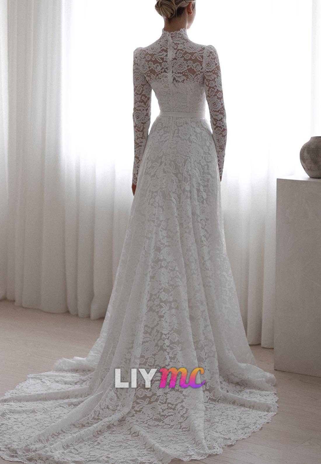 High Neck Long Sleeves Lace Appliques A-Line Wedding Dress