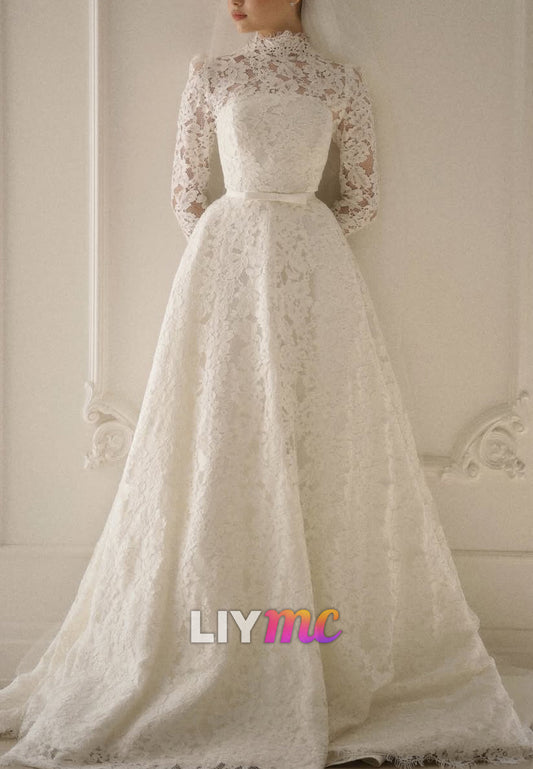 High Neck Long Sleeves Lace Appliques A-Line Wedding Dress