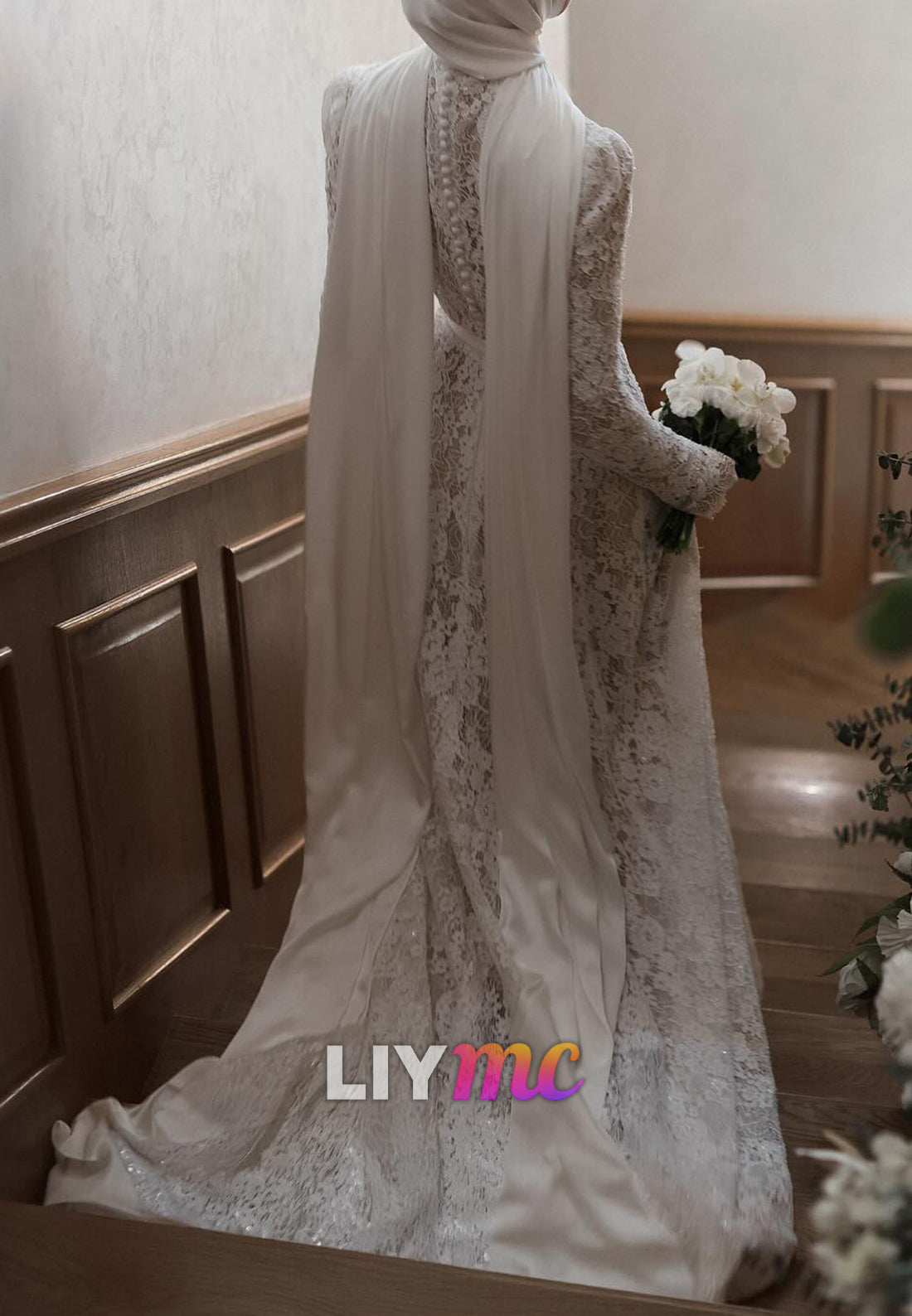 High Neck Long Sleeves Lace Appliques A-Line Wedding Dress