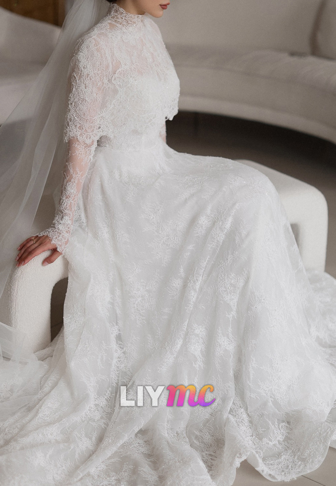 High Neck Long Sleeves Lace Appliques A-Line Wedding Dress