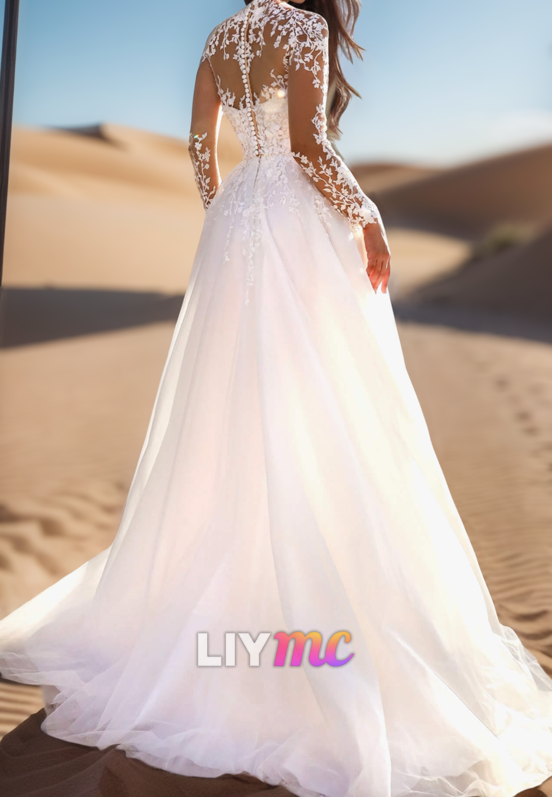 High Neck Long Sleeves Lace Appliques A-Line Wedding Dress