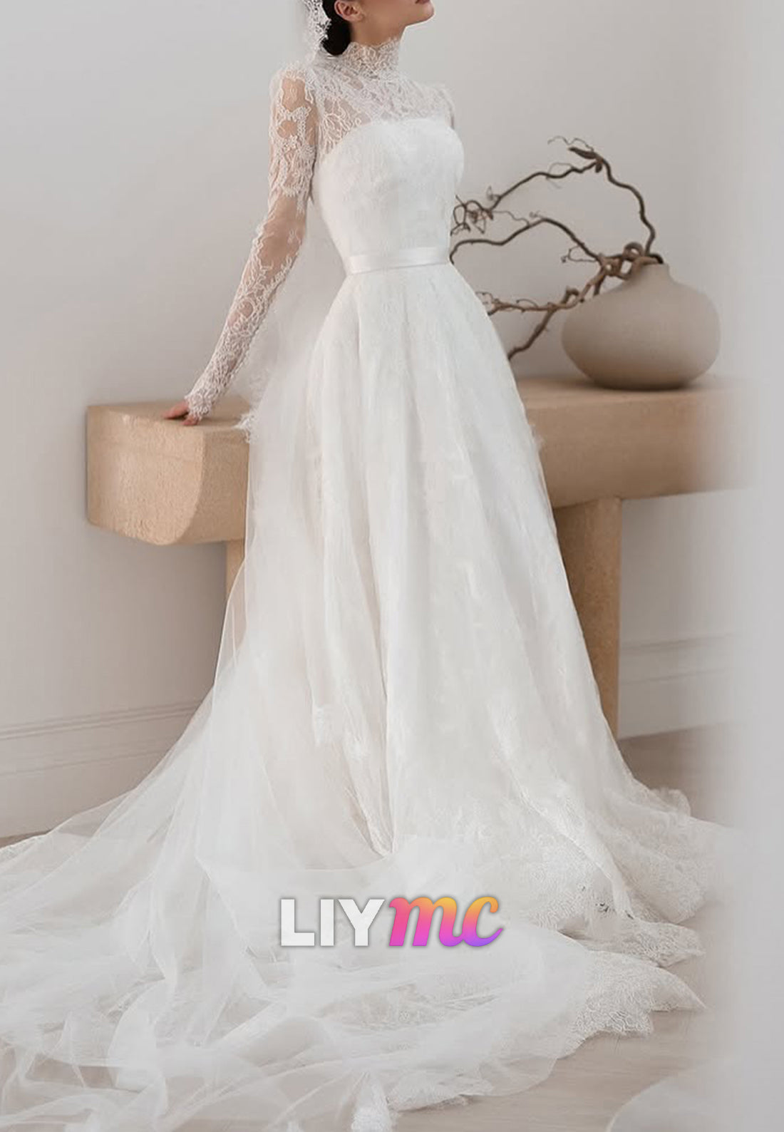 High Neck Long Sleeves Lace Appliques A-Line Wedding Dress
