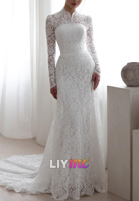 High Neck Long Sleeves Lace Appliques A-Line Wedding Dress
