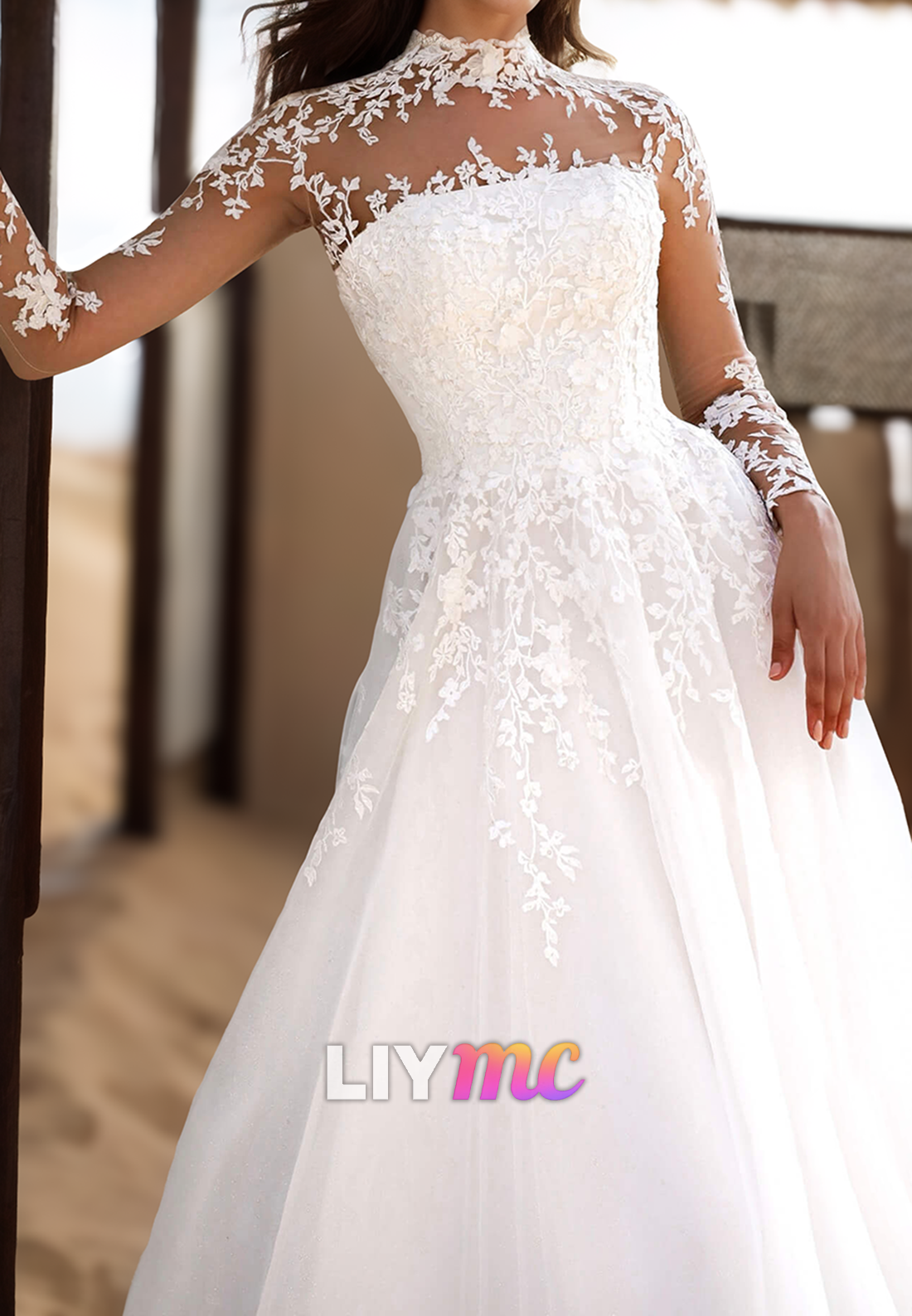 High Neck Long Sleeves Lace Appliques A-Line Wedding Dress