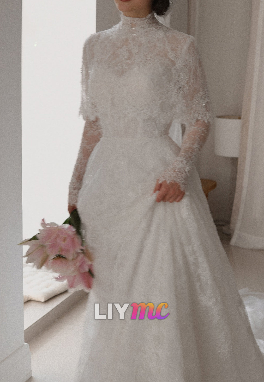 High Neck Long Sleeves Lace Appliques A-Line Wedding Dress