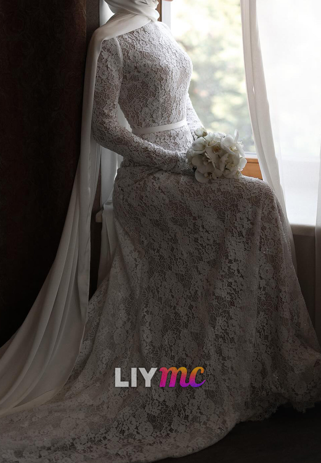 High Neck Long Sleeves Lace Appliques A-Line Wedding Dress
