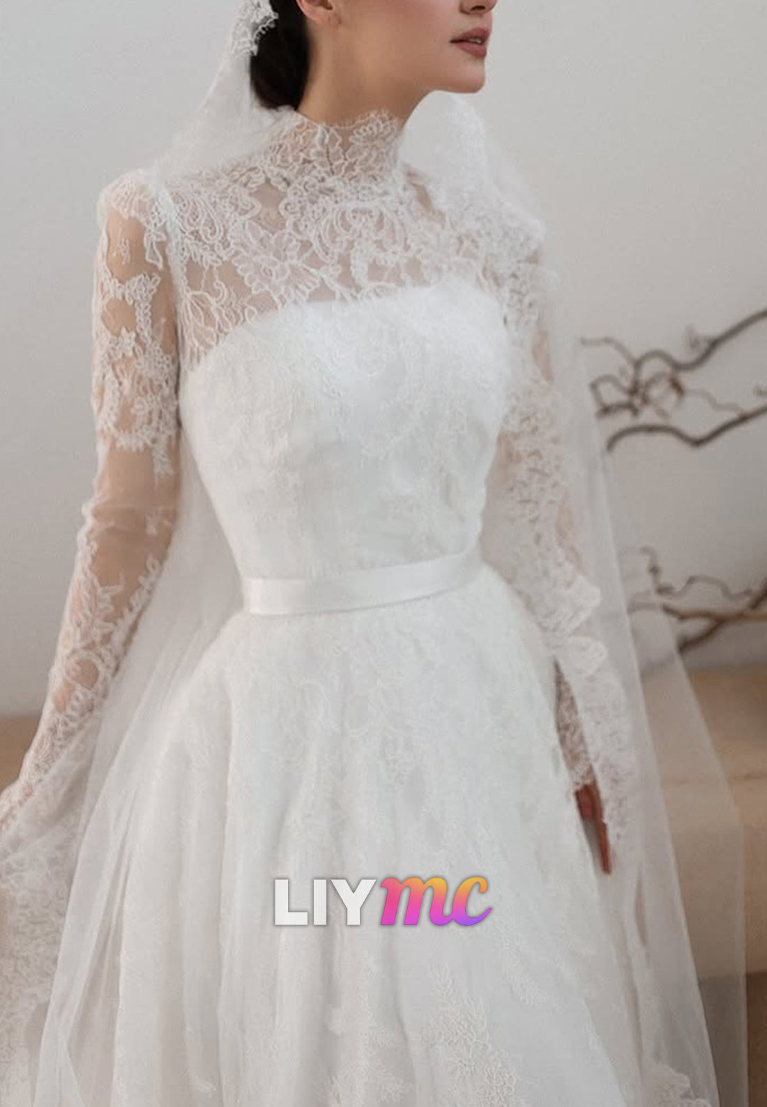 High Neck Long Sleeves Lace Appliques A-Line Wedding Dress