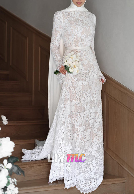 High Neck Long Sleeves Lace Appliques A-Line Wedding Dress