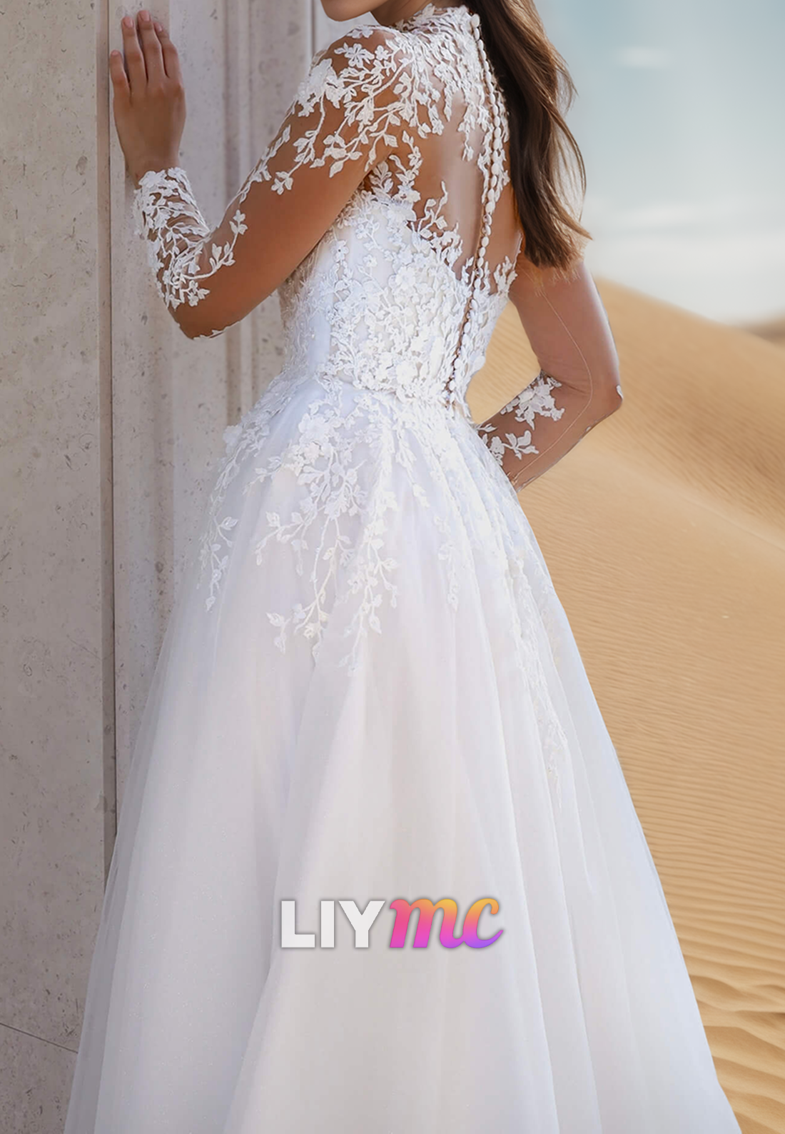High Neck Long Sleeves Lace Appliques A-Line Wedding Dress