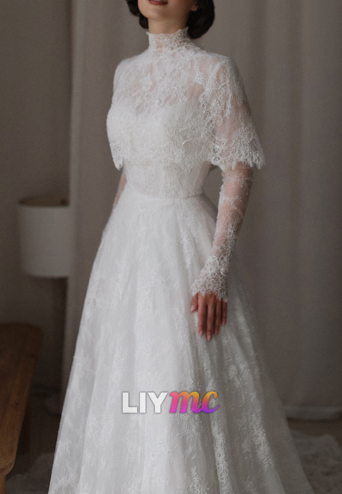 High Neck Long Sleeves Lace Appliques A-Line Wedding Dress