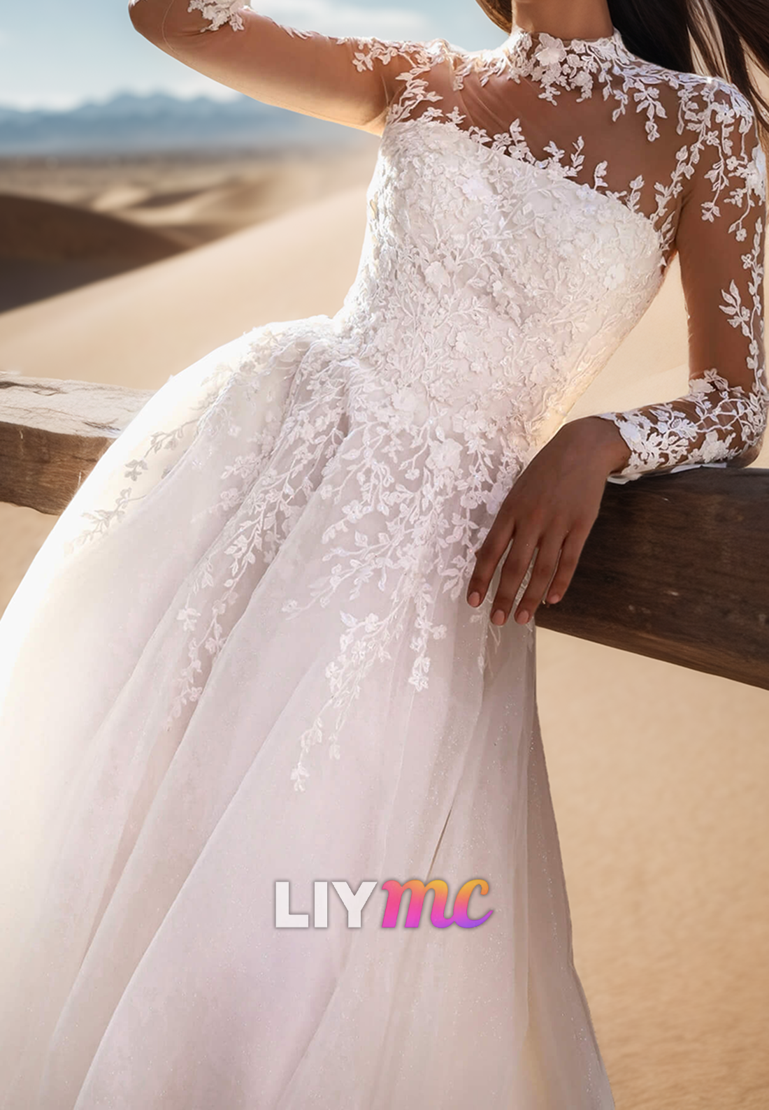 High Neck Long Sleeves Lace Appliques A-Line Wedding Dress
