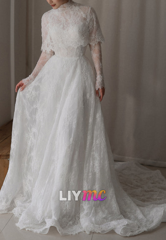 High Neck Long Sleeves Lace Appliques A-Line Wedding Dress