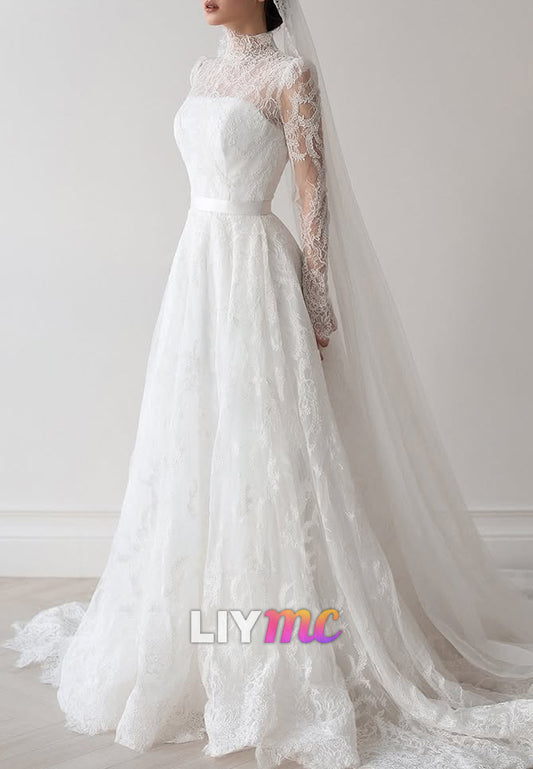 High Neck Long Sleeves Lace Appliques A-Line Wedding Dress