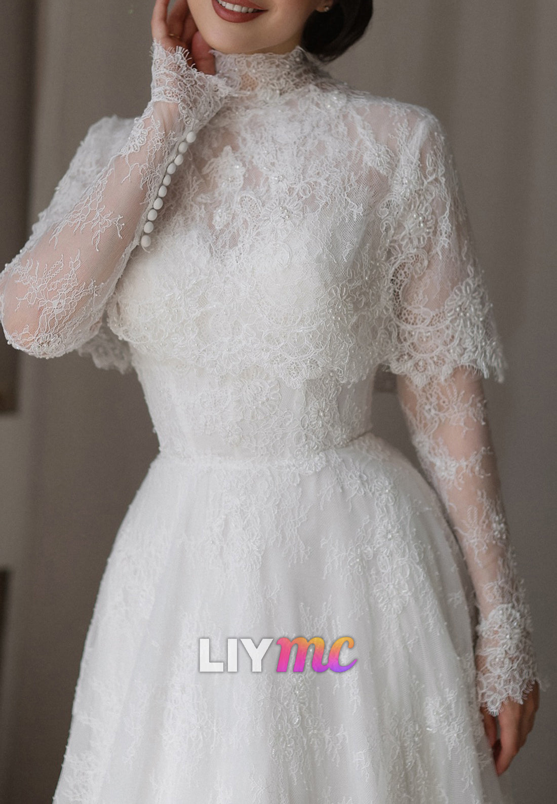 High Neck Long Sleeves Lace Appliques A-Line Wedding Dress