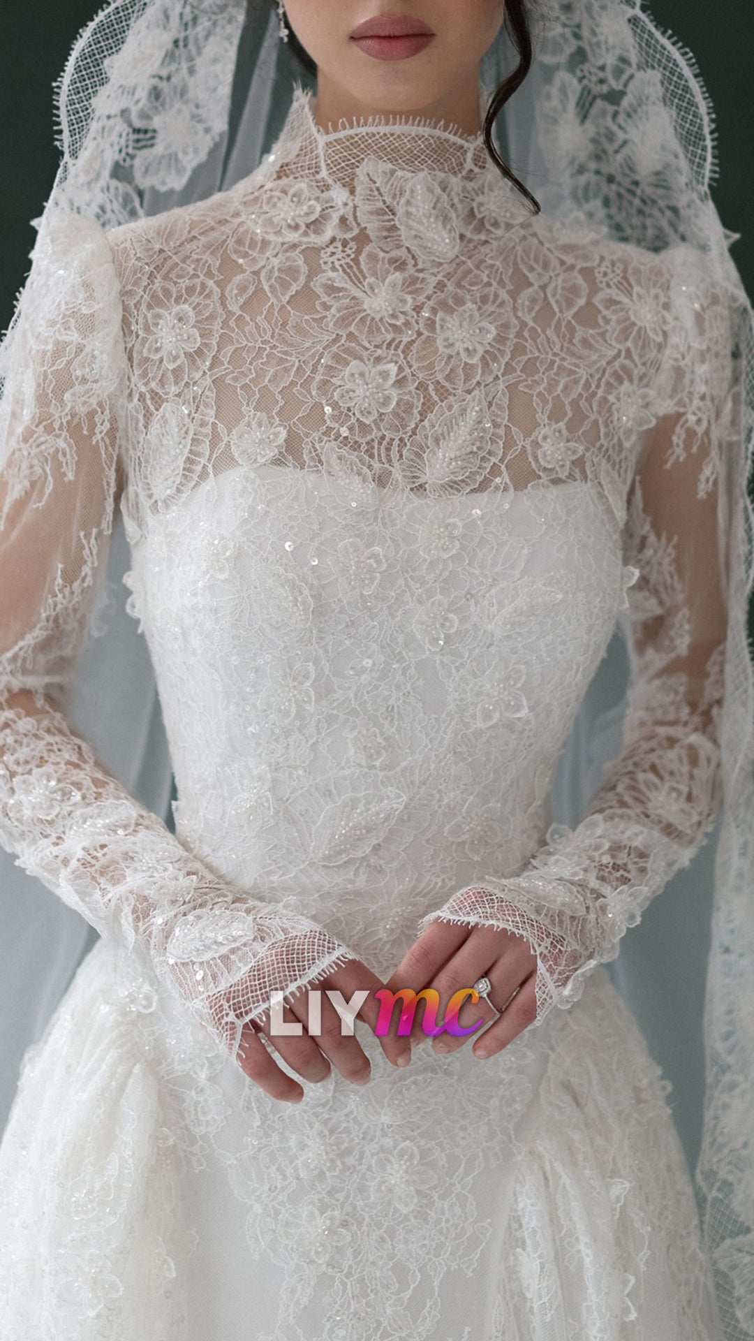 High Neck Long Sleeves Lace Appliques A-Line Wedding Dress