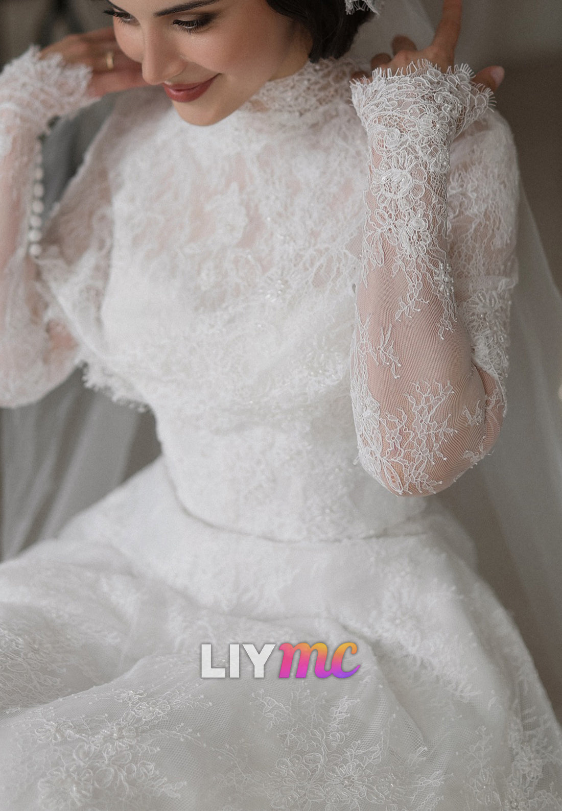 High Neck Long Sleeves Lace Appliques A-Line Wedding Dress