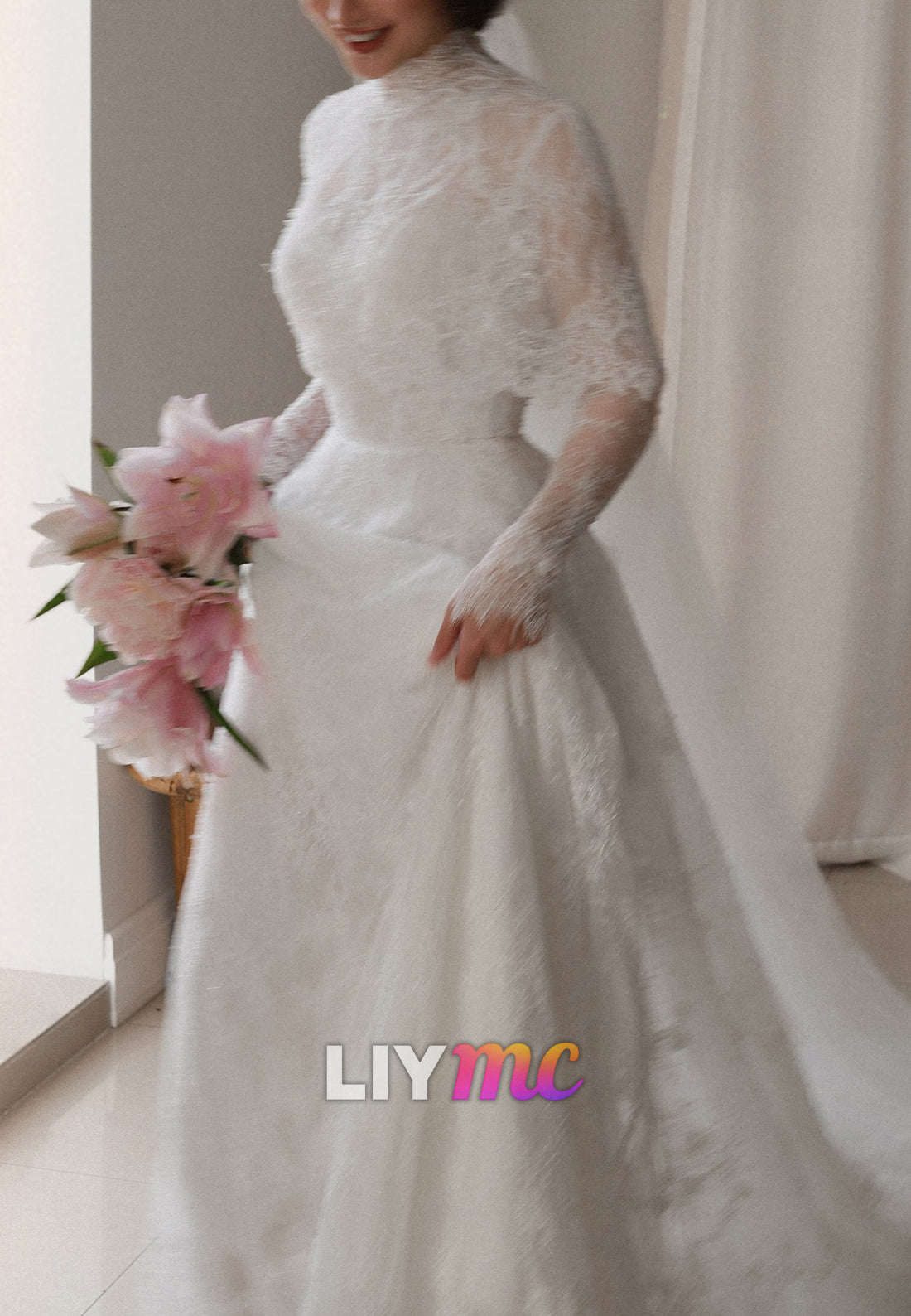 High Neck Long Sleeves Lace Appliques A-Line Wedding Dress