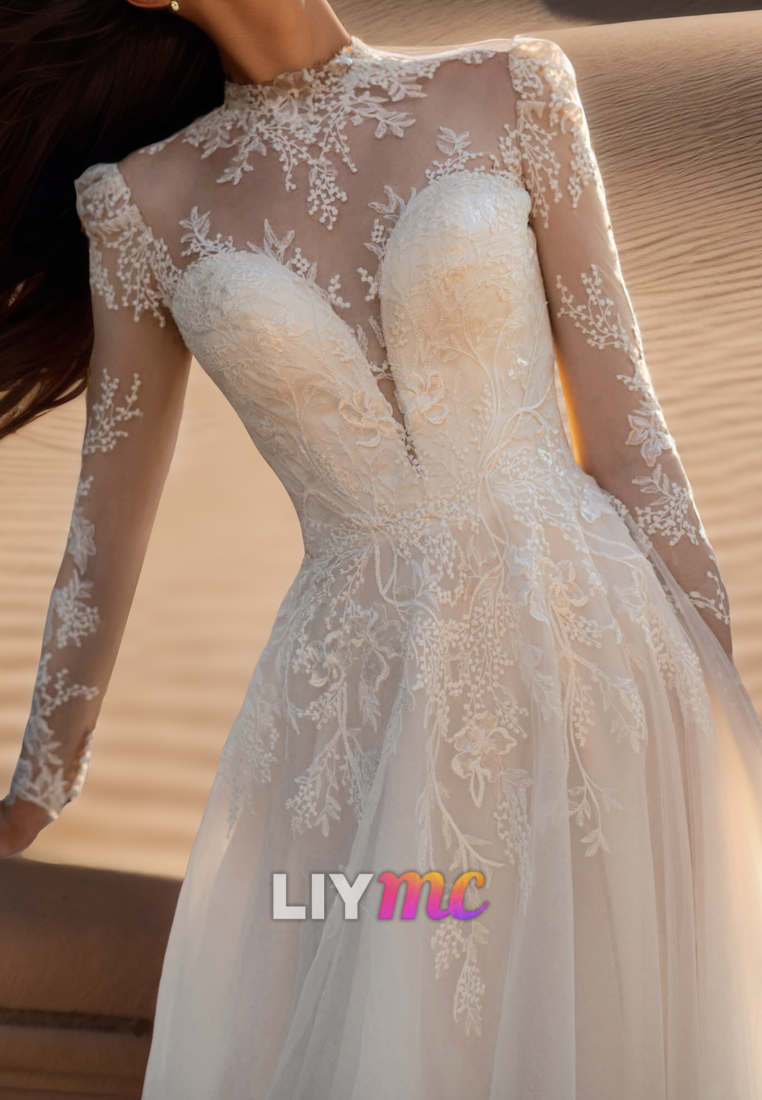 High Neck Long Sleeves Lace Appliques Ball Gown Wedding Dress