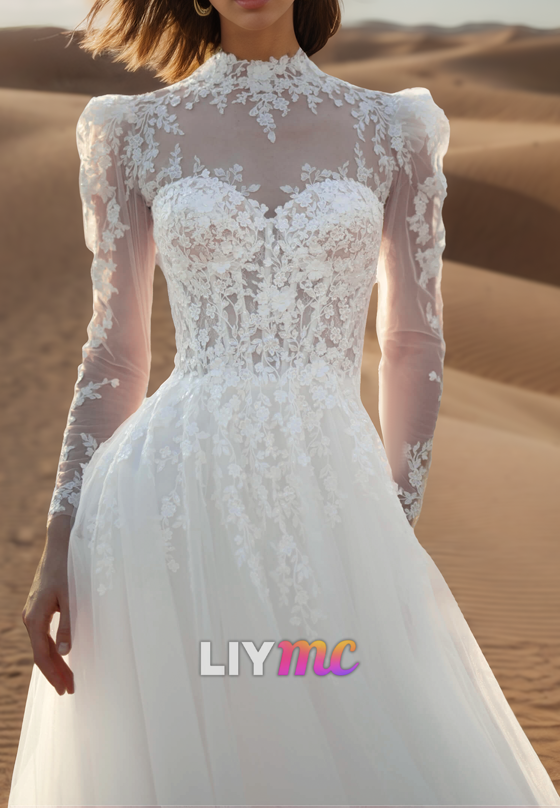 High Neck Long Sleeves Lace Appliques Ball Gown Weding Dress