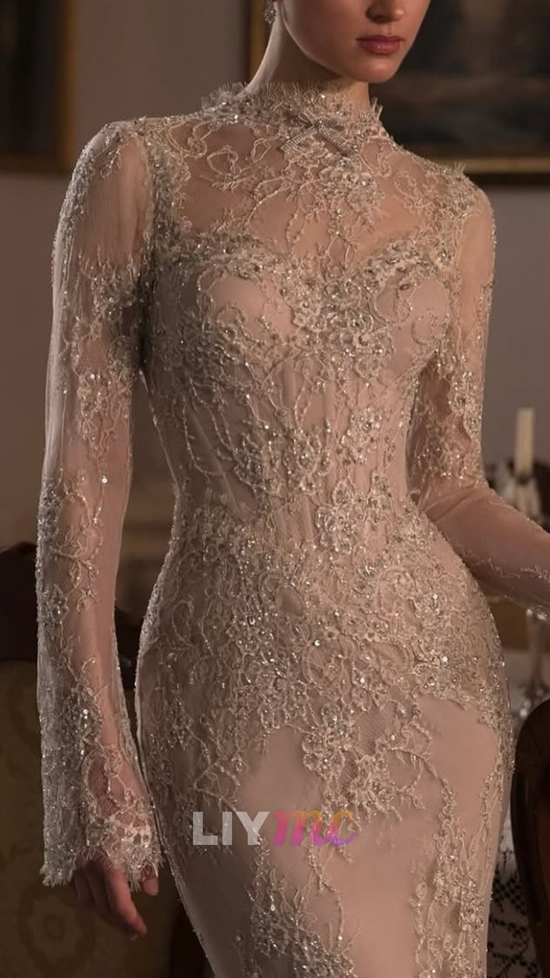 High Neck Long Sleeves Lace Appliques Mermaid Evening Dress