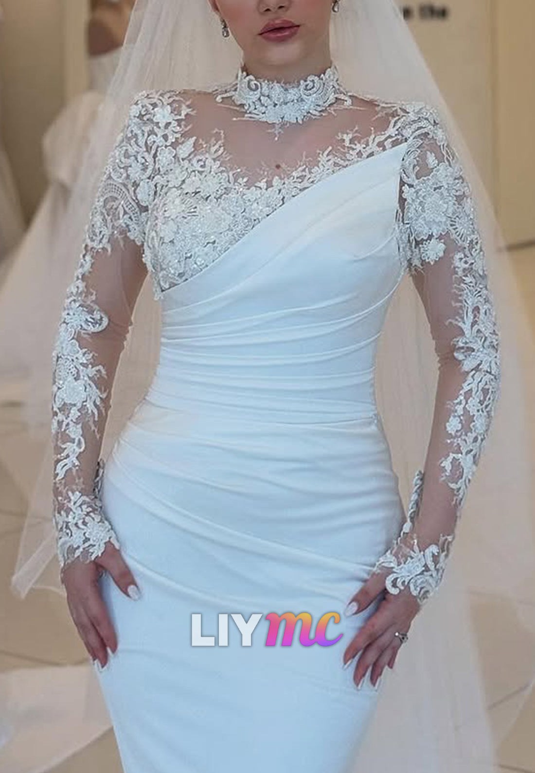 High Neck Long Sleeves Lace Appliques Mermaid Wedding Dress