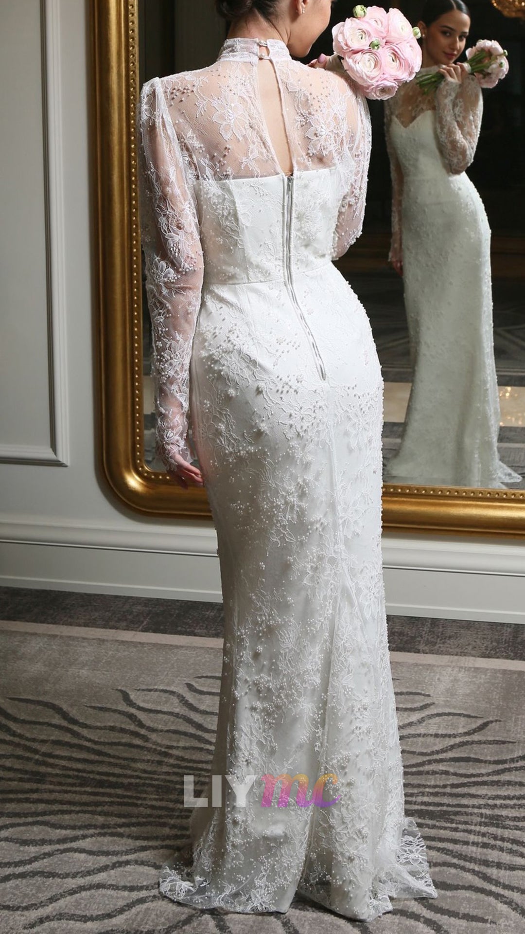 High Neck Long Sleeves Lace Appliques Mermaid Wedding Dress