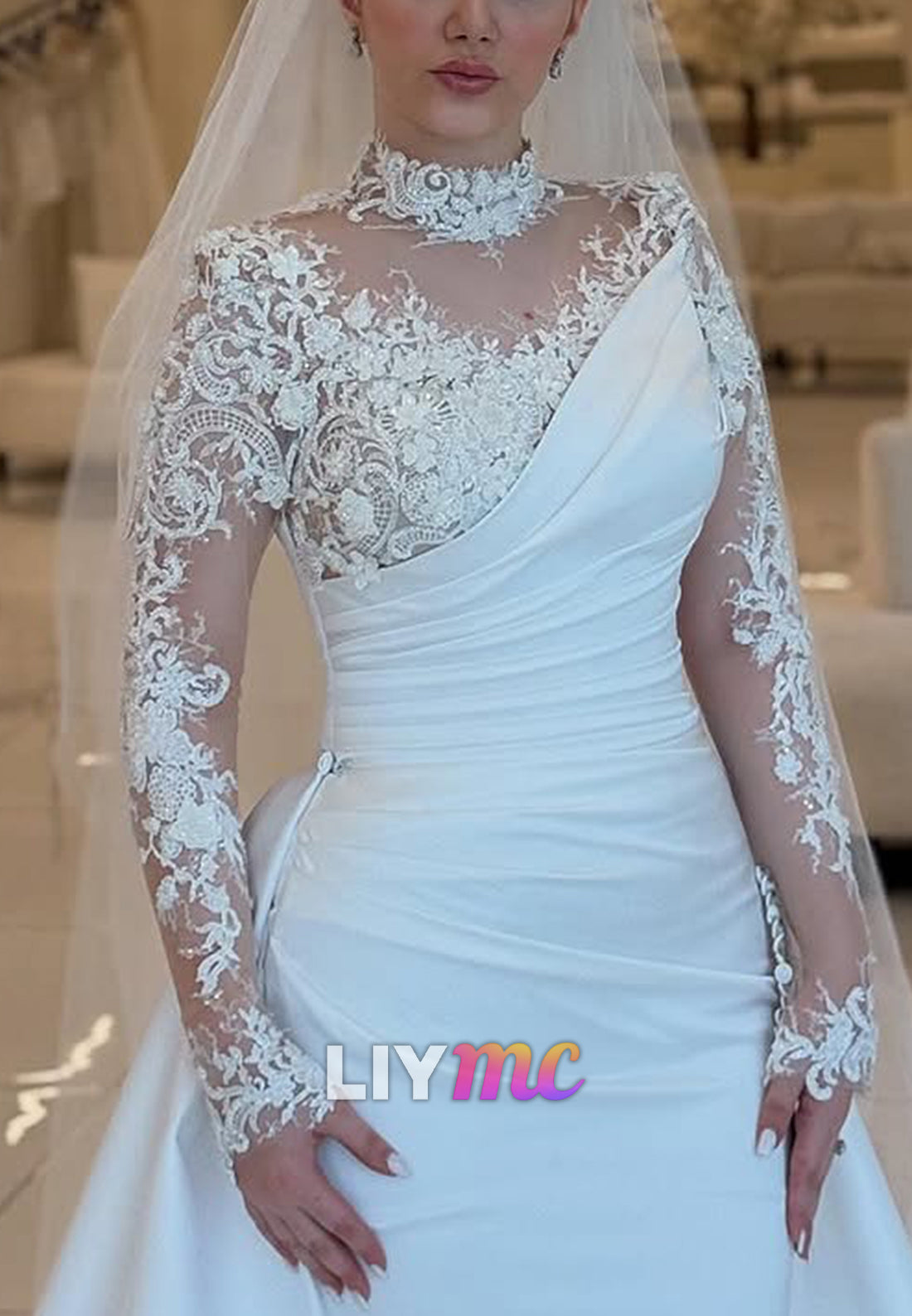 High Neck Long Sleeves Lace Appliques Mermaid Wedding Dress